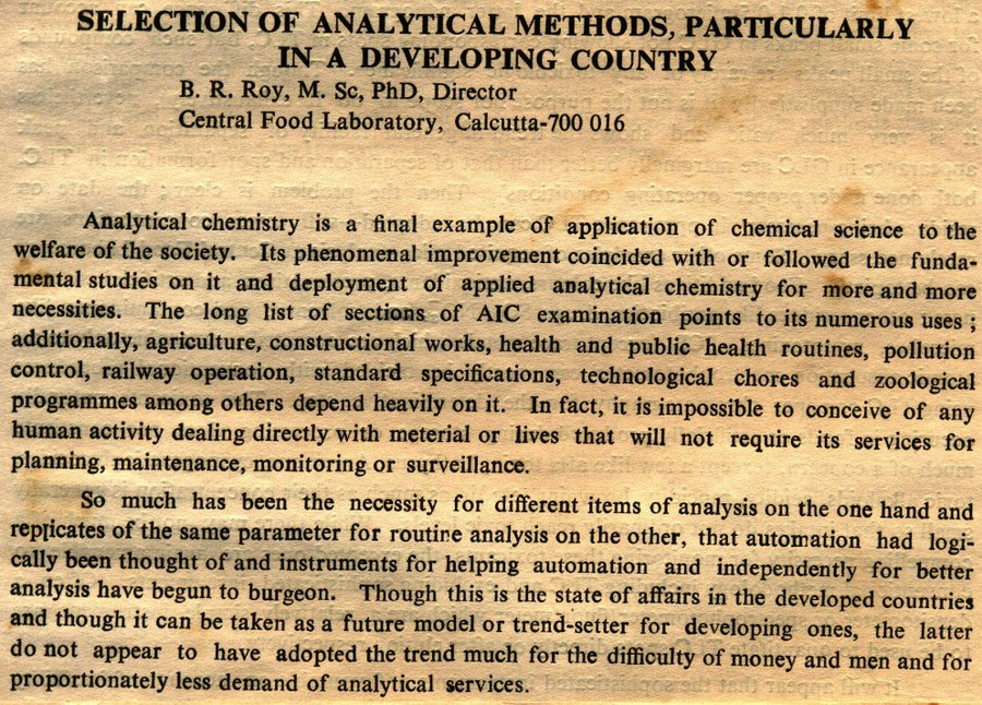 Article titled Selection of Analytical Methods, Particularly in a Developing Country by B. R. Roy, Director, Central Food Laboratory, Calcutta