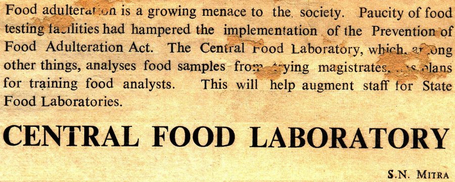 Newspaper clipping describing food adulteration as a growing menace and introducing the Central Food Laboratory