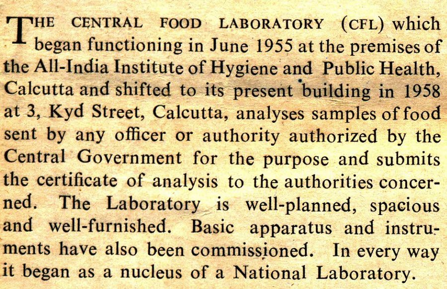 Newspaper clipping describing the founding of the Central Food Laboratory in June 1955 at the All-India Institute of Hygiene and Public Health, Calcutta